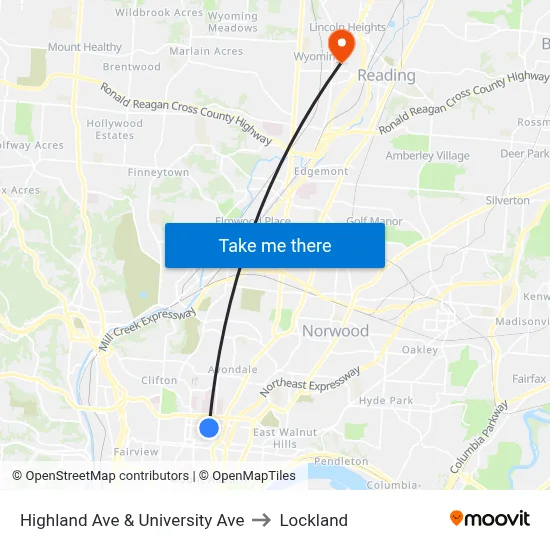 Highland Ave & University Ave to Lockland map