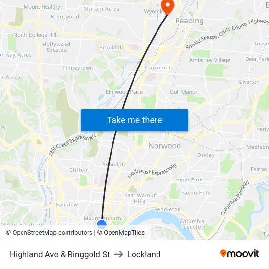 Highland Ave & Ringgold St to Lockland map