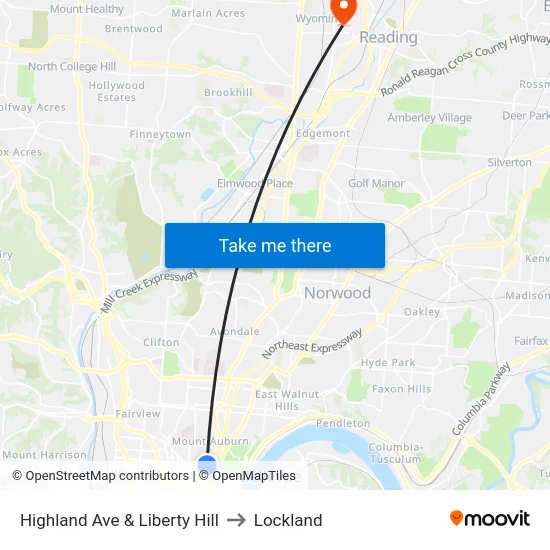 Highland Ave & Liberty Hill to Lockland map
