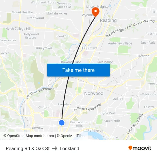 Reading Rd & Oak St to Lockland map
