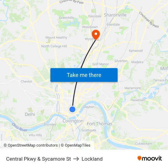 Central Pkwy & Sycamore St to Lockland map