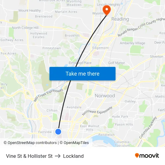 Vine St & Hollister St to Lockland map