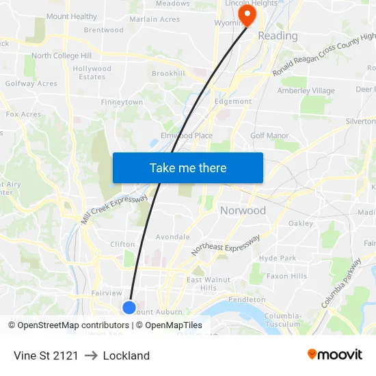 Vine St 2121 to Lockland map