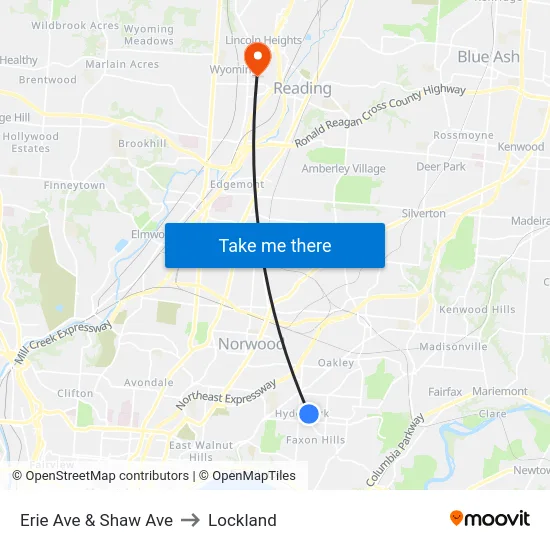 Erie Ave & Shaw Ave to Lockland map
