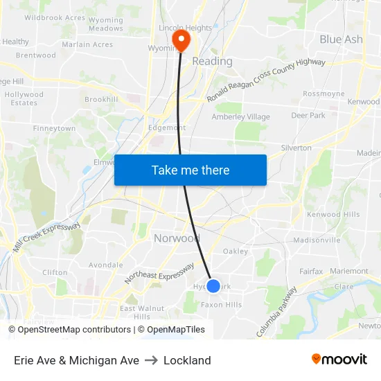 Erie Ave & Michigan Ave to Lockland map