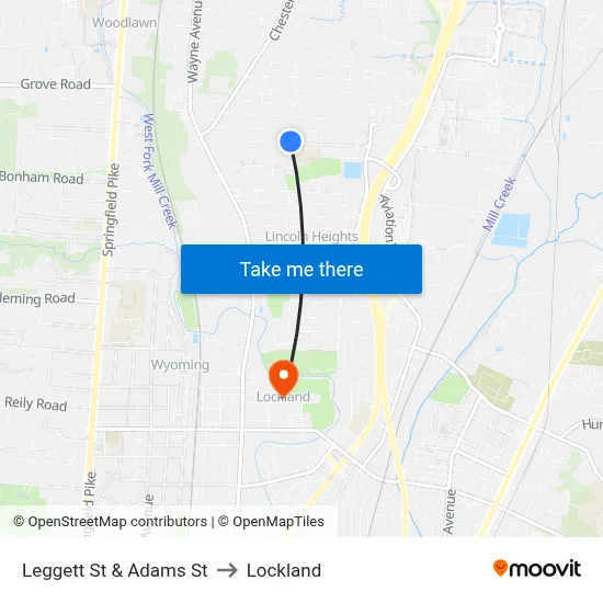 Leggett St & Adams St to Lockland map