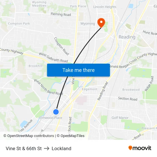 Vine St & 66th St to Lockland map