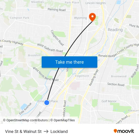 Vine St & Walnut St to Lockland map