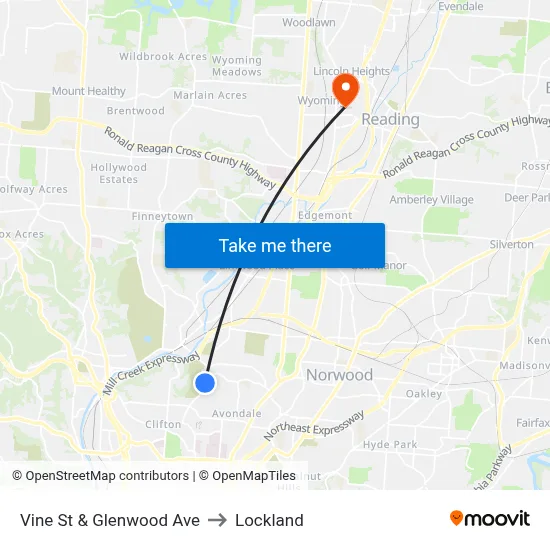 Vine St & Glenwood Ave to Lockland map