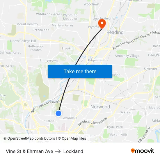Vine St & Ehrman Ave to Lockland map