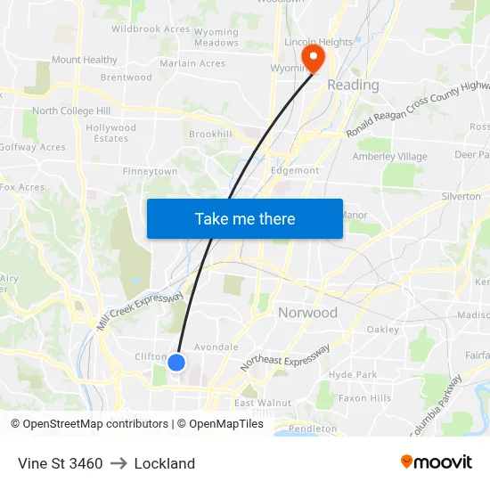 Vine St 3460 to Lockland map