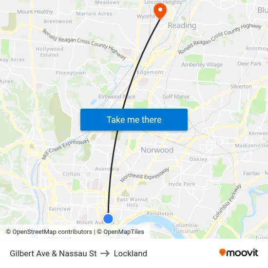 Gilbert Ave & Nassau St to Lockland map