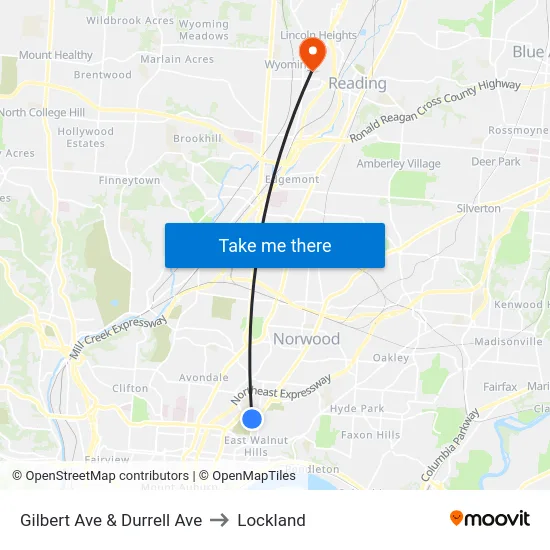 Gilbert Ave & Durrell Ave to Lockland map