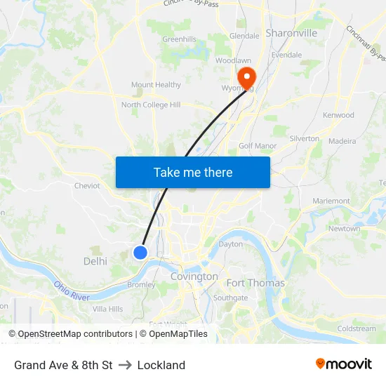 Grand Ave & 8th St to Lockland map
