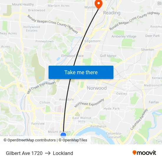 Gilbert Ave 1720 to Lockland map