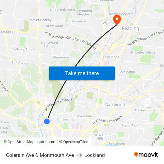 Colerain Ave & Monmouth Ave to Lockland map