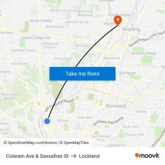Colerain Ave & Sassafras St to Lockland map