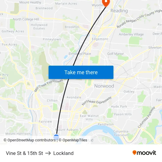 Vine St & 15th St to Lockland map