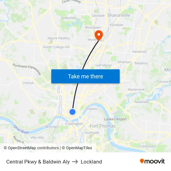 Central Pkwy & Baldwin Aly to Lockland map