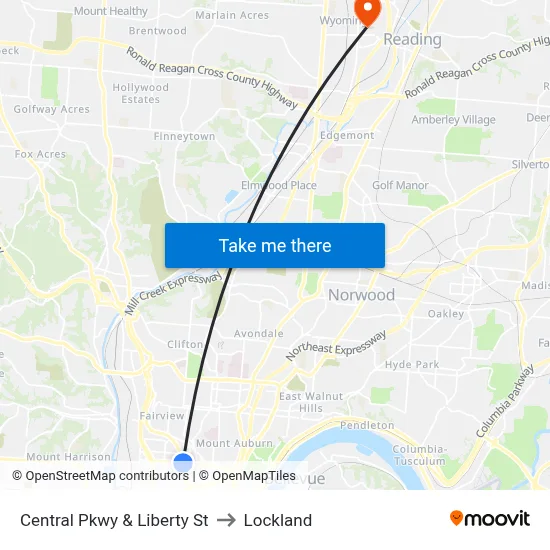 Central Pkwy & Liberty St to Lockland map