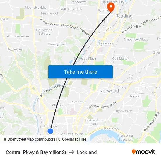 Central Pkwy & Baymiller St to Lockland map