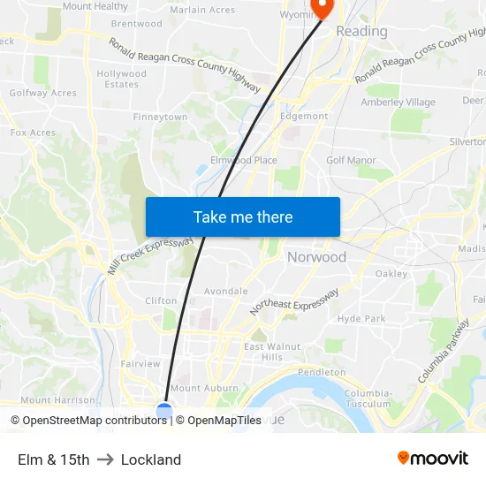 Elm & 15th to Lockland map