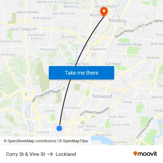 Corry St & Vine St to Lockland map