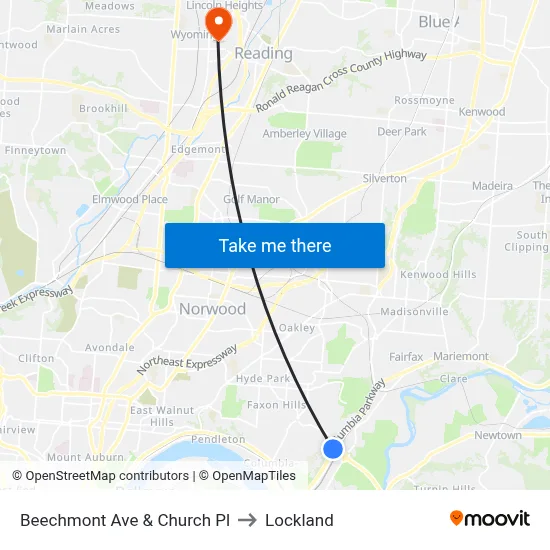 Beechmont Ave & Church Pl to Lockland map