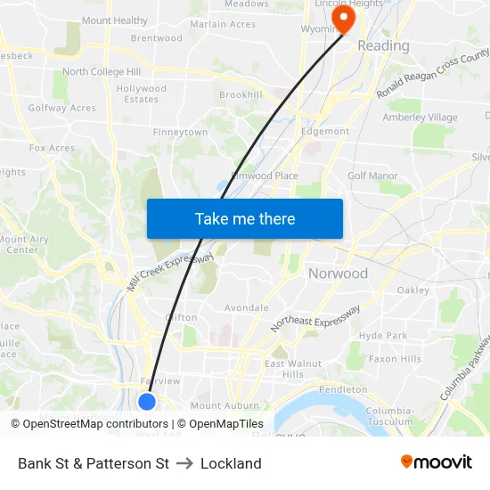 Bank St & Patterson St to Lockland map