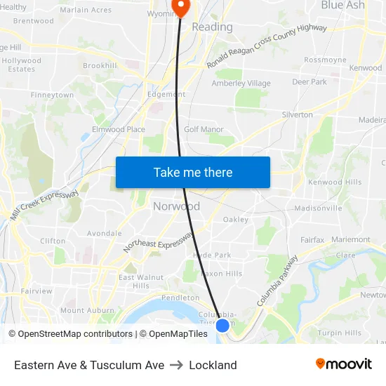 Eastern Ave & Tusculum Ave to Lockland map
