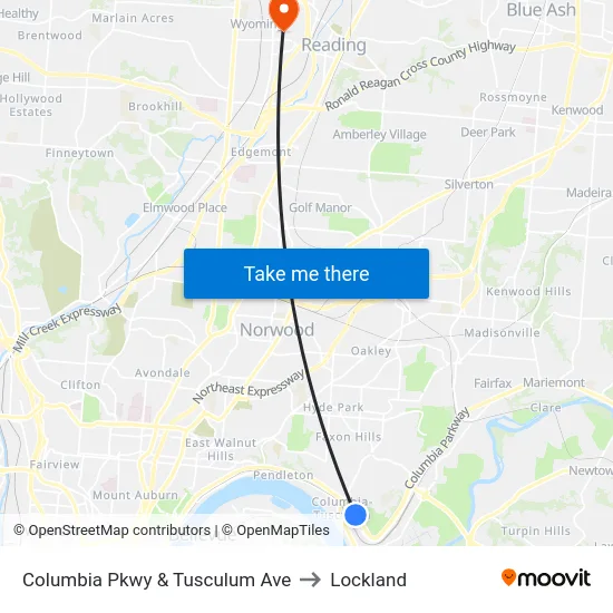 Columbia Pkwy & Tusculum Ave to Lockland map
