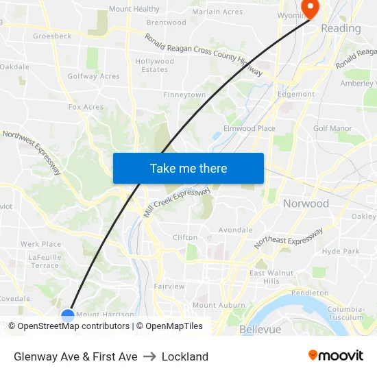 Glenway Ave & First Ave to Lockland map