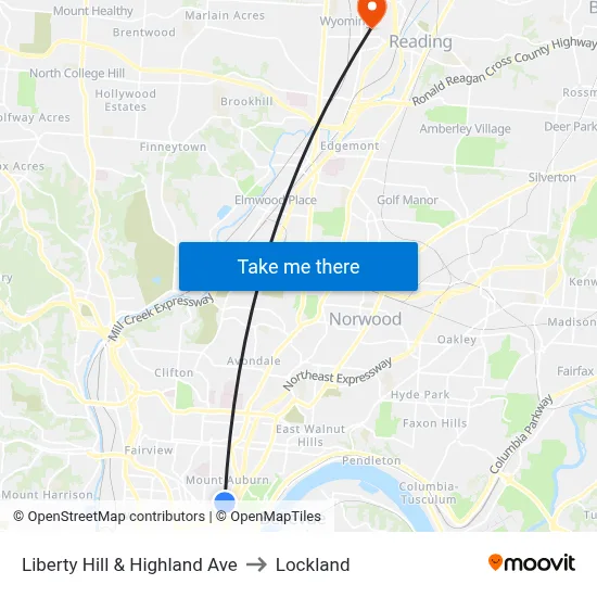 Liberty Hill & Highland Ave to Lockland map