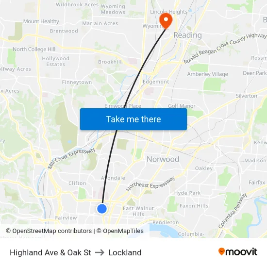 Highland Ave & Oak St to Lockland map