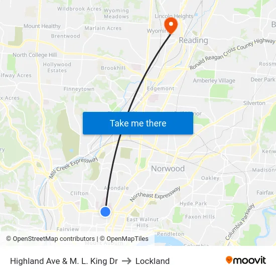 Highland Ave & M. L. King Dr to Lockland map