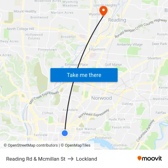Reading Rd & Mcmillan St to Lockland map