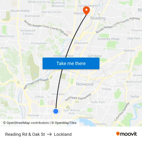 Reading Rd & Oak St to Lockland map