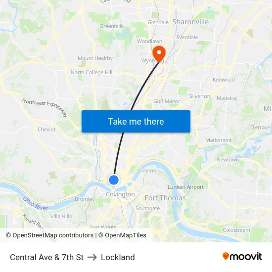 Central Ave & 7th St to Lockland map