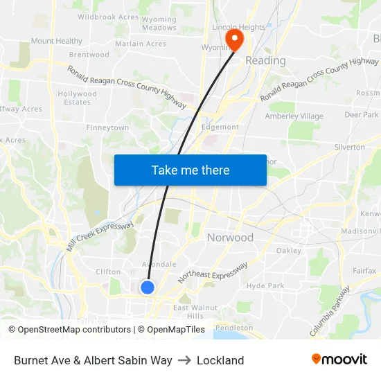Burnet Ave & Albert Sabin Way to Lockland map