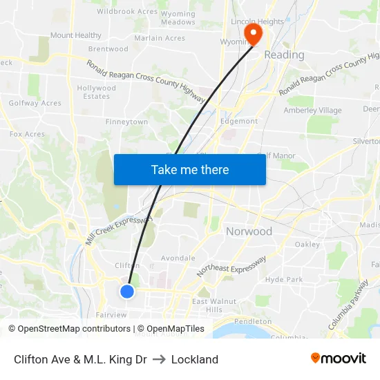 Clifton Ave & M.L. King Dr to Lockland map