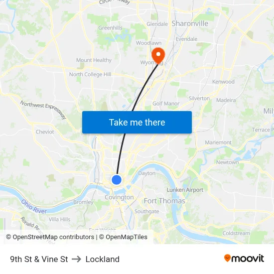 9th St & Vine St to Lockland map