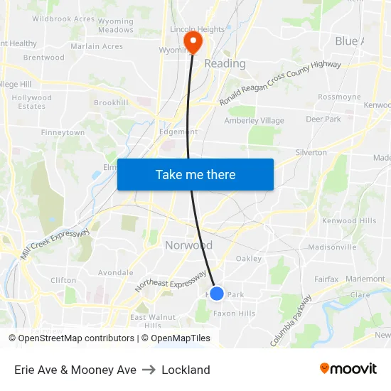 Erie Ave & Mooney Ave to Lockland map