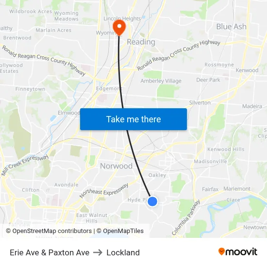 Erie Ave & Paxton Ave to Lockland map