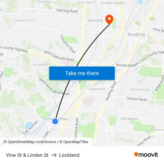 Vine St & Linden St to Lockland map