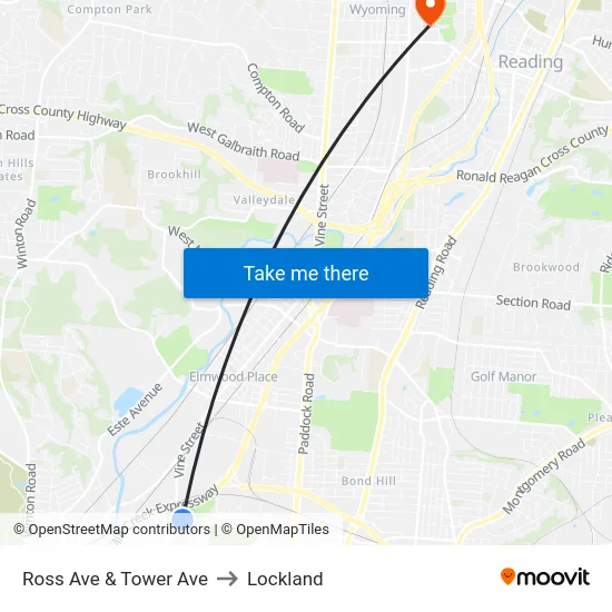Ross Ave & Tower Ave to Lockland map