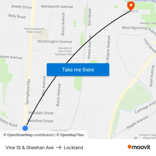 Vine St & Sheehan Ave to Lockland map