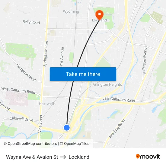 Wayne Ave & Avalon St to Lockland map
