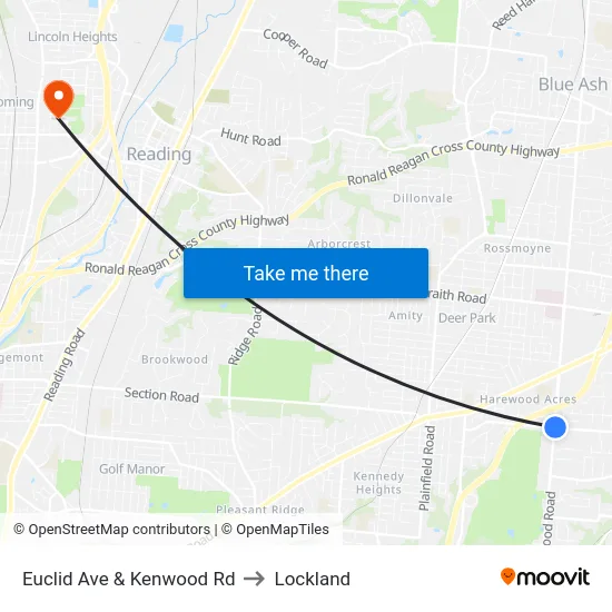 Euclid Ave & Kenwood Rd to Lockland map