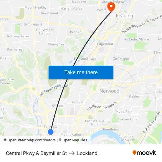 Central Pkwy & Baymiller St to Lockland map