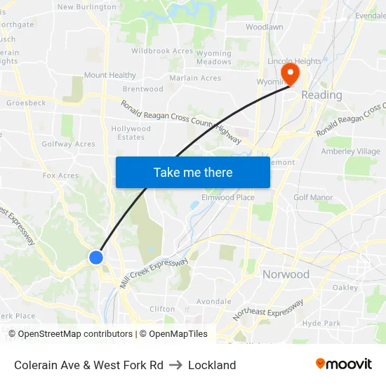 Colerain Ave & West Fork Rd to Lockland map